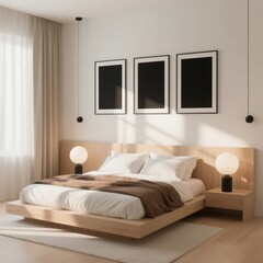 Minimalist wooden platform bed with white pillows and framed art on wall