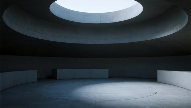A minimalist concrete room with a circular skylight