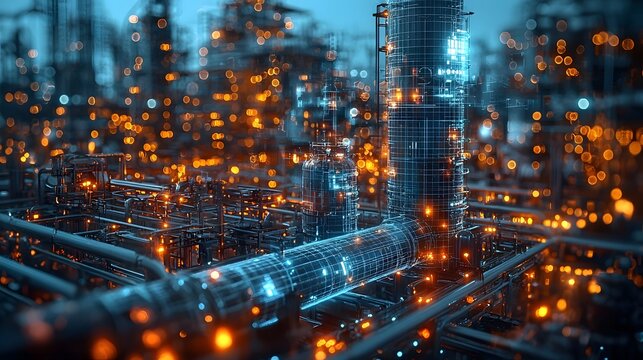 Futuristic industrial plant with glowing pipes and holographic data displays symbolizing advanced technology and complex automation