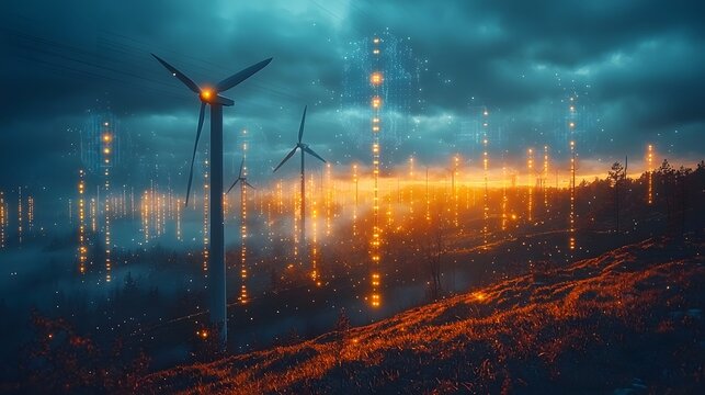 Wind turbines and smart grid technology with digital data streams at sunset - Powered by Adobe