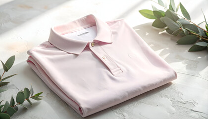 Pink folded cotton polo shirt on white background.