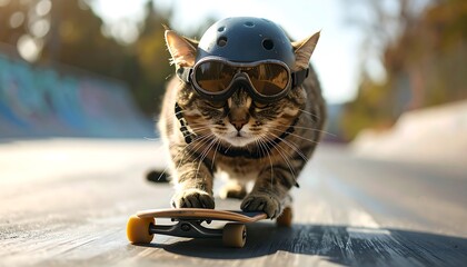 A tabby cat wearing a helmet and sunglasses rides a skateboard in a skatepark