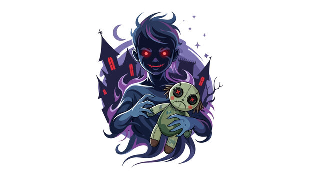 Sinister Serenade: In this illustrative scene, a haunting figure, silhouetted against a moonlit night and ominous architecture, clutches a voodoo doll.
