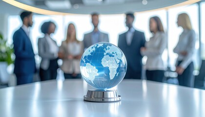 Blue digital style globe on corporate table with blurred executives behind representing worldwide strategy, technology driven business, global unity and future direction
