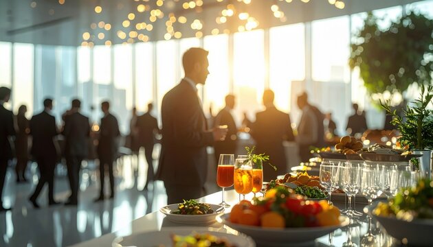Business networking party buffet with elegant drinks and food in golden light expressing holiday celebration success event and festive lifestyle moment