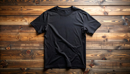 Plain Black T-Shirt on Wooden Surface - Simple Apparel.