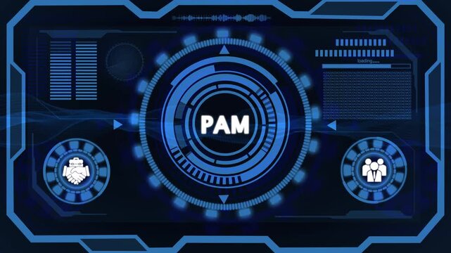 Futuristic blue HUD interface with PAM text and glowing circular elements on a dark background technology