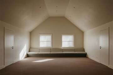 An empty room with a long sofa and two windows letting in light