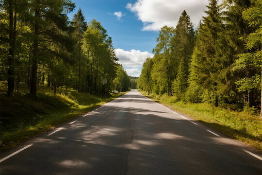A peaceful road surrounded by lush green trees under a clear blue sky - Powered by Adobe