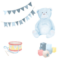 Teddy bear and colorful cubes with stars. Watercolor illustration. Toy drum and garland with blue flags isolated on white background. For cards, stickers, textiles, design, invitations, logos.
