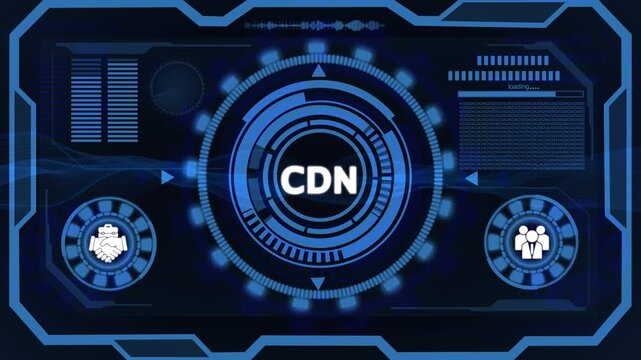 Futuristic Digital HUD Interface with CDN Acronym in Blue Neon Glow Content Delivery Network Technology