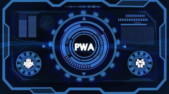 Futuristic Digital HUD Interface with PWA Acronym in Blue Neon Glow Progressive Web App Technology