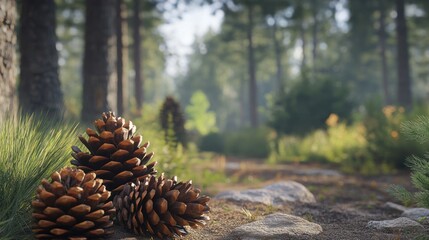 Serene Forest Path:Three Majestic Pine Cones Resting on a Sunlit Trail