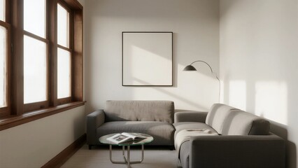 Minimalist living room with large windows and modern sofa