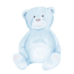 Blue teddy bear soft toy. Watercolor illustration. Funny toy animal isolated on white background. For children's theme, gender reveal party, postcard, textile.