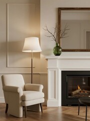 Cozy modern living room with fireplace and armchair
