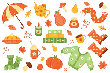 Collection of fall elements with watercolour texture.Cute autumn doodle icons.Umbrella,boots,socks,pie,mug,tea pot,pumpkin,scarf, leaf,books.Cozy comfortable lifestyle.Fall mood.Vector illustration.
