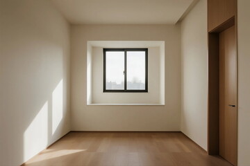 Empty room with large window and wooden floor for simple living