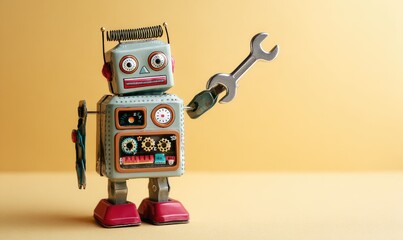 Vintage Robot Toy Holding Wrench Against Yellow Background.