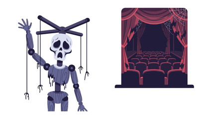 Puppet and Theater: A whimsical illustration presents a forlorn puppet alongside a spooky theater. The puppet, with its skeletal face, evokes a sense of melancholy. The theater.
