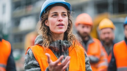 Female construction worker leading a team on a building site.