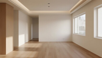 Empty room with wooden floor and large windows for bright interior
