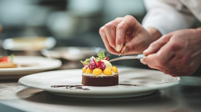 Chef garnishing a gourmet dessert with precision in a professional kitchen.