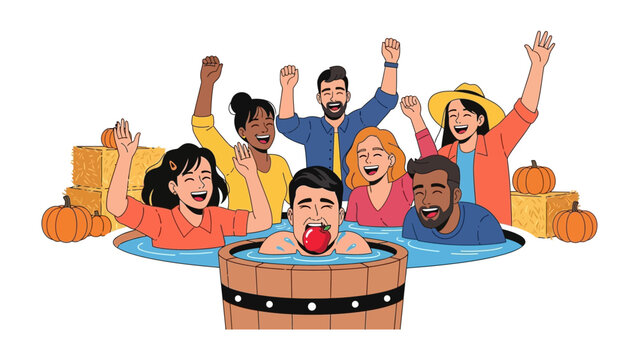 Apple Bobbing Fun: Illustration of a group of friends enthusiastically gathered around a wooden barrel of water.