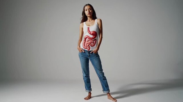 Medical diagram showcasing human digestive system printed on form fitting tank top, worn by female model against clean white background, visualizing anatomical learning concept