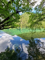 Reflection on the surface of a lake in summer in Jiuzhaigou National Park, China.
