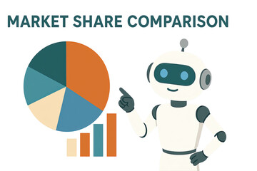 Cartoon-style robot presenting pie and bar charts&mdash;symbolizing market share comparison, business analytics, and AI-driven data insights.