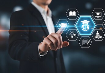 A man touching a digital interface with educational icons in hexagons on a dark background space