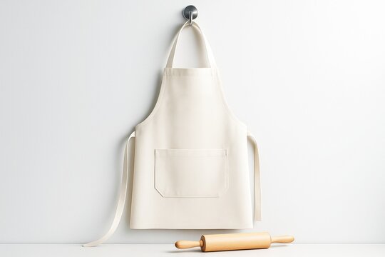 Blank beige apron mockup hanging on wall hook with wooden rolling pin on counter for branding or presentation on clean background. Ai generative