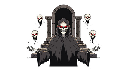 Guardian of the Eternal Gateway: A skeletal figure cloaked in black presides over an ominous stone archway, surrounded by spectral skulls, heralding a journey into the unknown. 