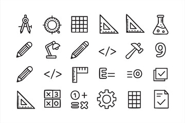 Academic doodle pack of learning symbols including ruler, flask, and compass