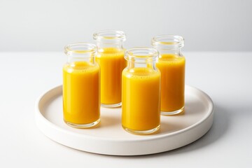 Fresh turmeric juice in small glass bottles placed on a round ceramic tray with clean minimalist white background and soft natural light setup. Ai generative