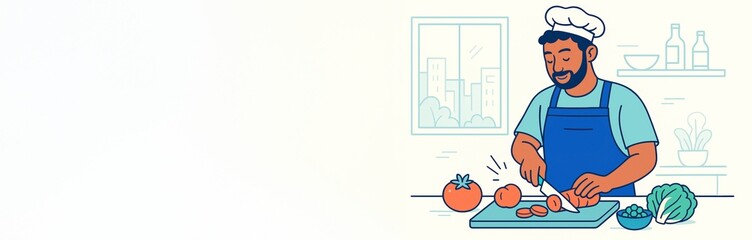 Cartoon chef slicing vegetables with smile in kitchen interior on light background with copyspace for cooking or food content design template. Ai generative