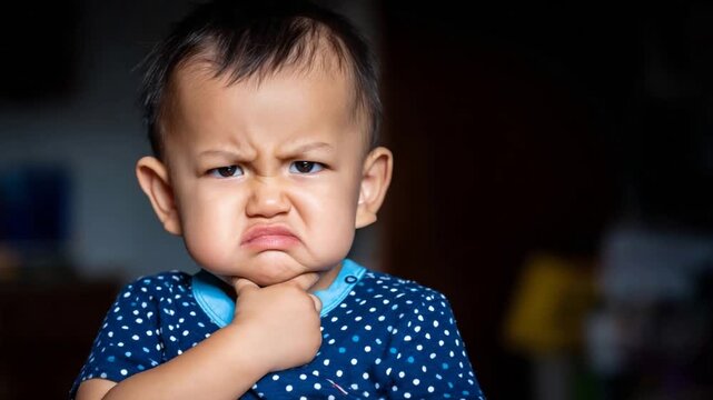Adorable baby expresses frustration with a grumpy facial expression close up.