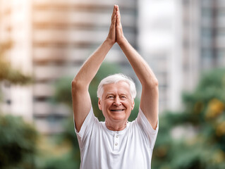 Smiling senior performing yoga stretch outdoors, embodying wellness during retirement years