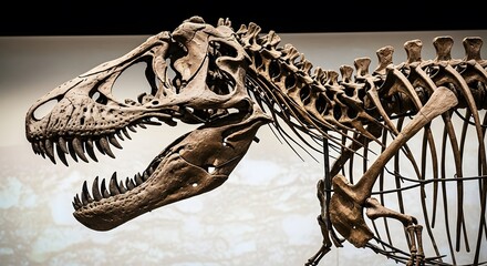 Closeup of a tyrannosaurus rex dinosaur skeleton, showcasing its massive skull and sharp teeth, displayed in a museum