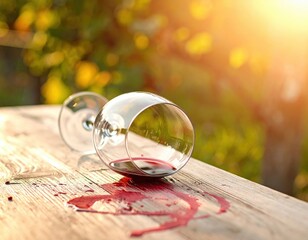 Spilled red wine on a wooden table with a glass in the sunlight.