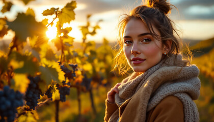 Woman in Knit Scarf Amidst Autumn Vineyard at Sunset