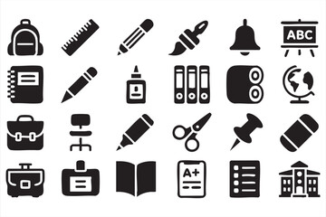 Academic doodle pack of classroom supplies and teaching symbols in vector style