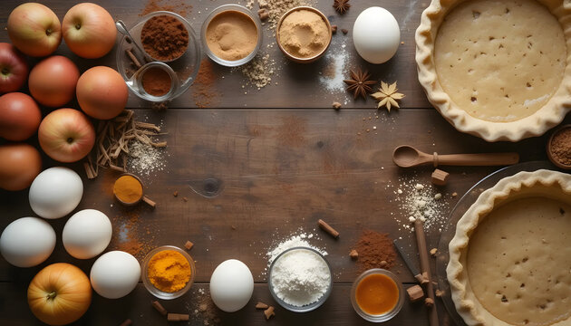 Homemade apple pie ingredients on rustic wood with eggs flour and spices for baking
