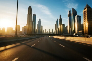 Fototapeta premium Modern city highway with tall skyscrapers under sunny sky