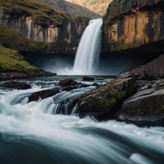 Naklejka premium Long exposure of waterfall creating silky smooth water flow, close up
