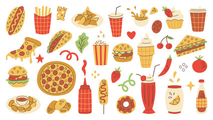 Fast Food Hand drawn Icons Vector Set. Playful Takeaway restaurant elements illustrations. Pizza Burger Taco Drink Dessert Colorful Symbols for childish cafe menu design.