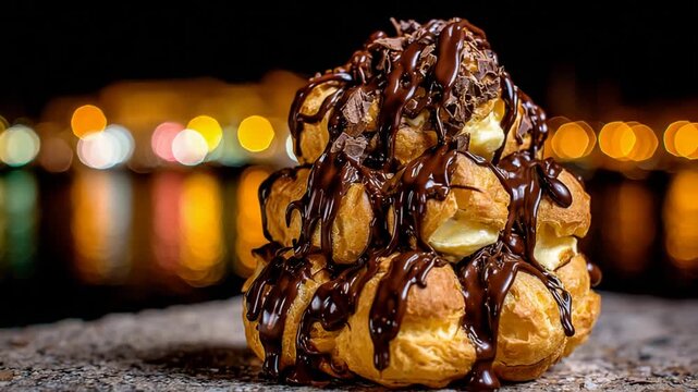 Decadent Chocolate Profiterole Tower with Cream Filling, Drizzled in Rich Sauce.