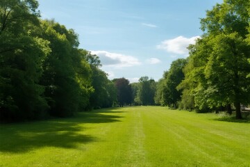 Naklejka premium A peaceful green lawn surrounded by lush trees under a clear sky