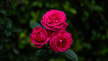 Three vibrant pink roses bloom together in a garden